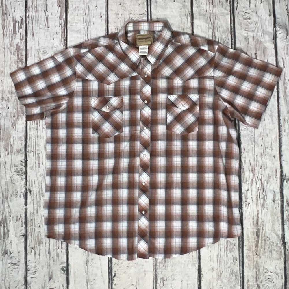 Wrangler Pearl Snap Cowboy Rancher Plaid Mens Short Sleeve Rodeo Shirt
